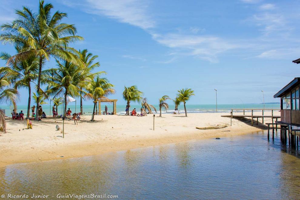 Imagem da piscina natural coqueiros e ao fundo o mar lindo da Praia de Taperapuan.